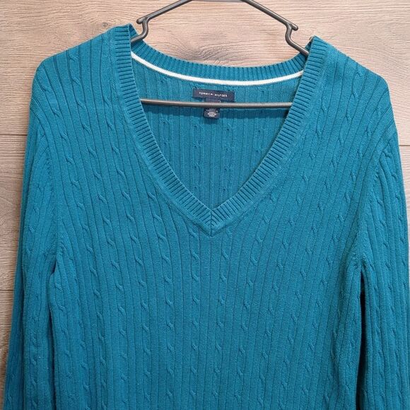 Tommy Hilfiger Teal V-Neck Cable Knit Sweater Top Womens Size XL - Picture 2 of 7